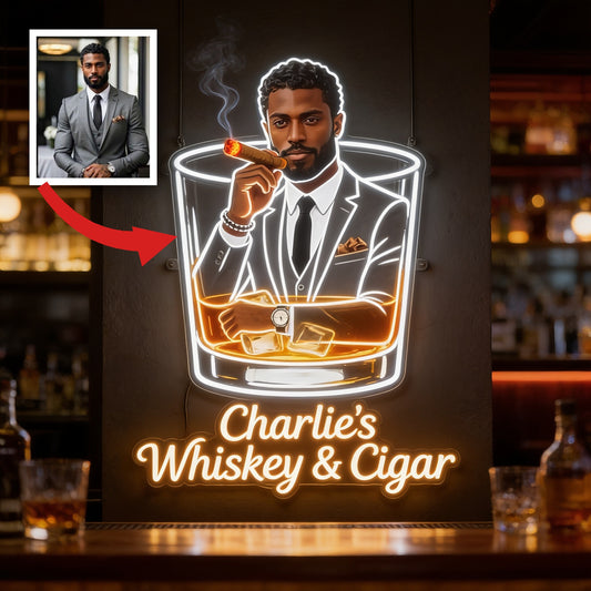 Personalized Stylish Suited Black Man Whiskey & Cigar LED Acrylic Sign Bar Decor