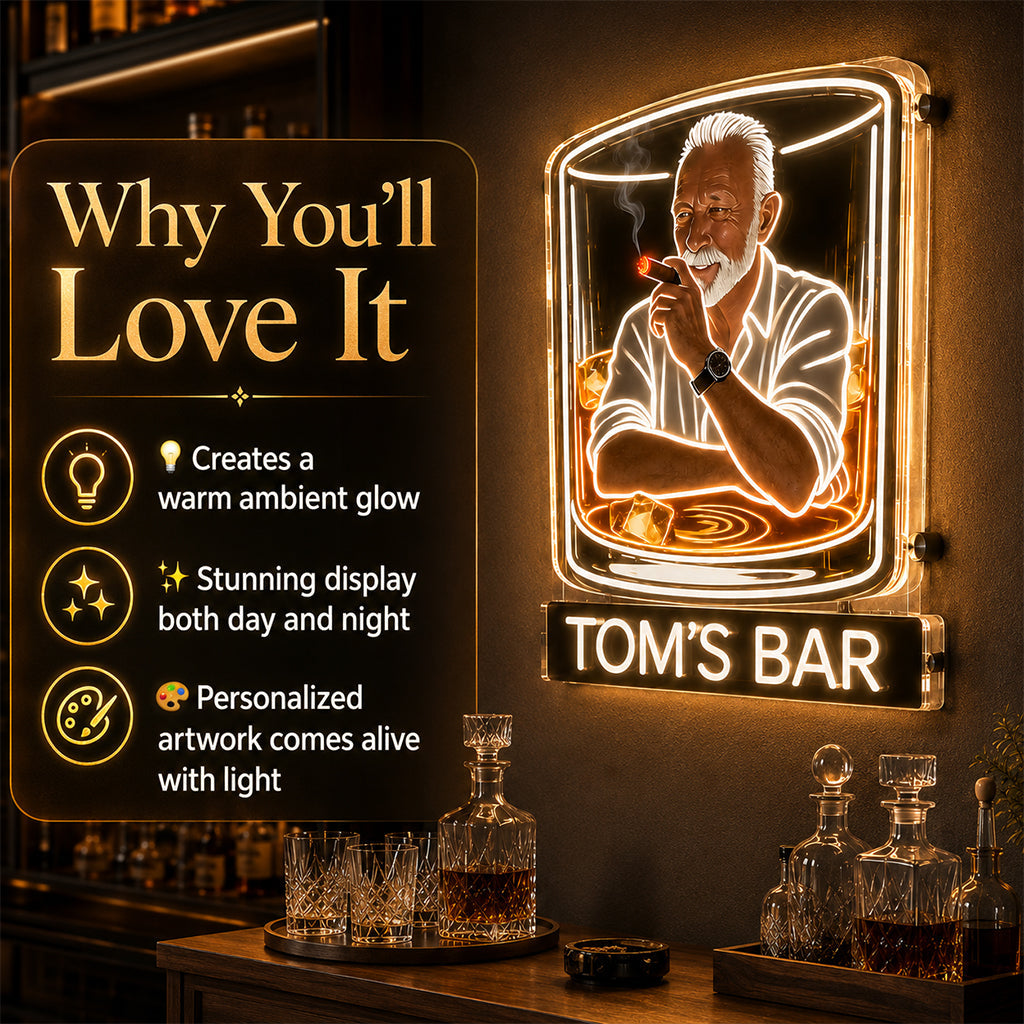 Personalized Whiskey Cigar Bar LED Acrylic Sign Home Bar Decor Gift For Older Men