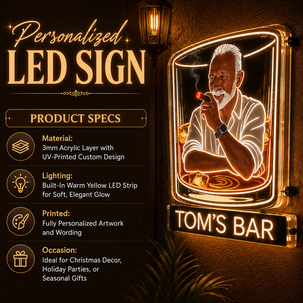 Personalized Adult Man Whiskey Cigar LED Acrylic Bar Sign Home Decor