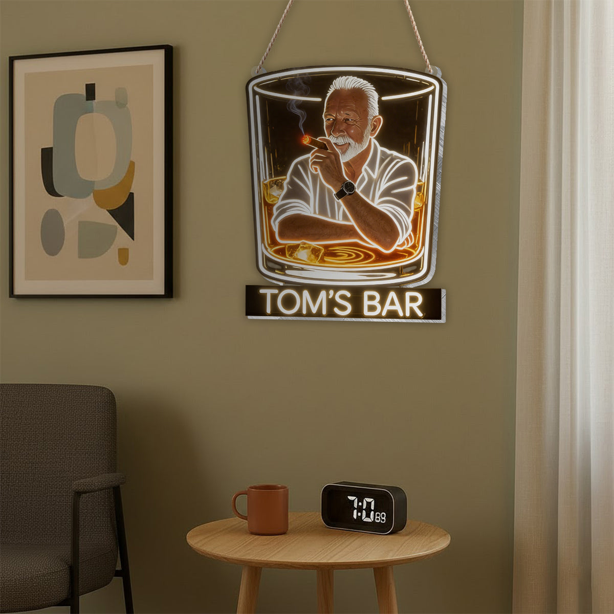 Personalized Adult Latina Man Whiskey Cigar LED Acrylic Sign Home Bar Decor