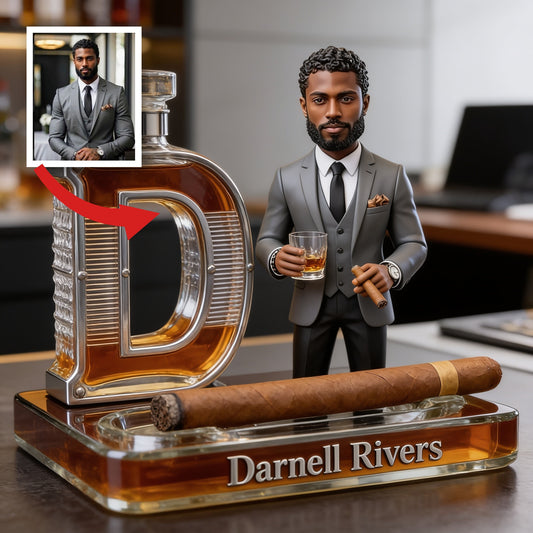 Custom Photo Adult Black Man in Suit Whiskey Cigar Initial Acrylic Plaque Desk Gift