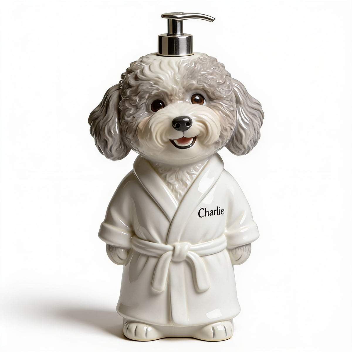 Personalized Curly Gray Poodle Bath Robe Soap Dispenser Bathroom Decor