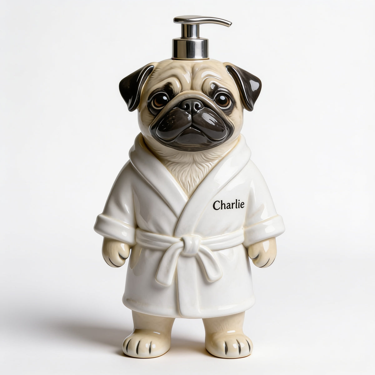 Personalized Wrinkled Pug Bathrobe Soap Dispenser Dog Lover Bathroom Gift