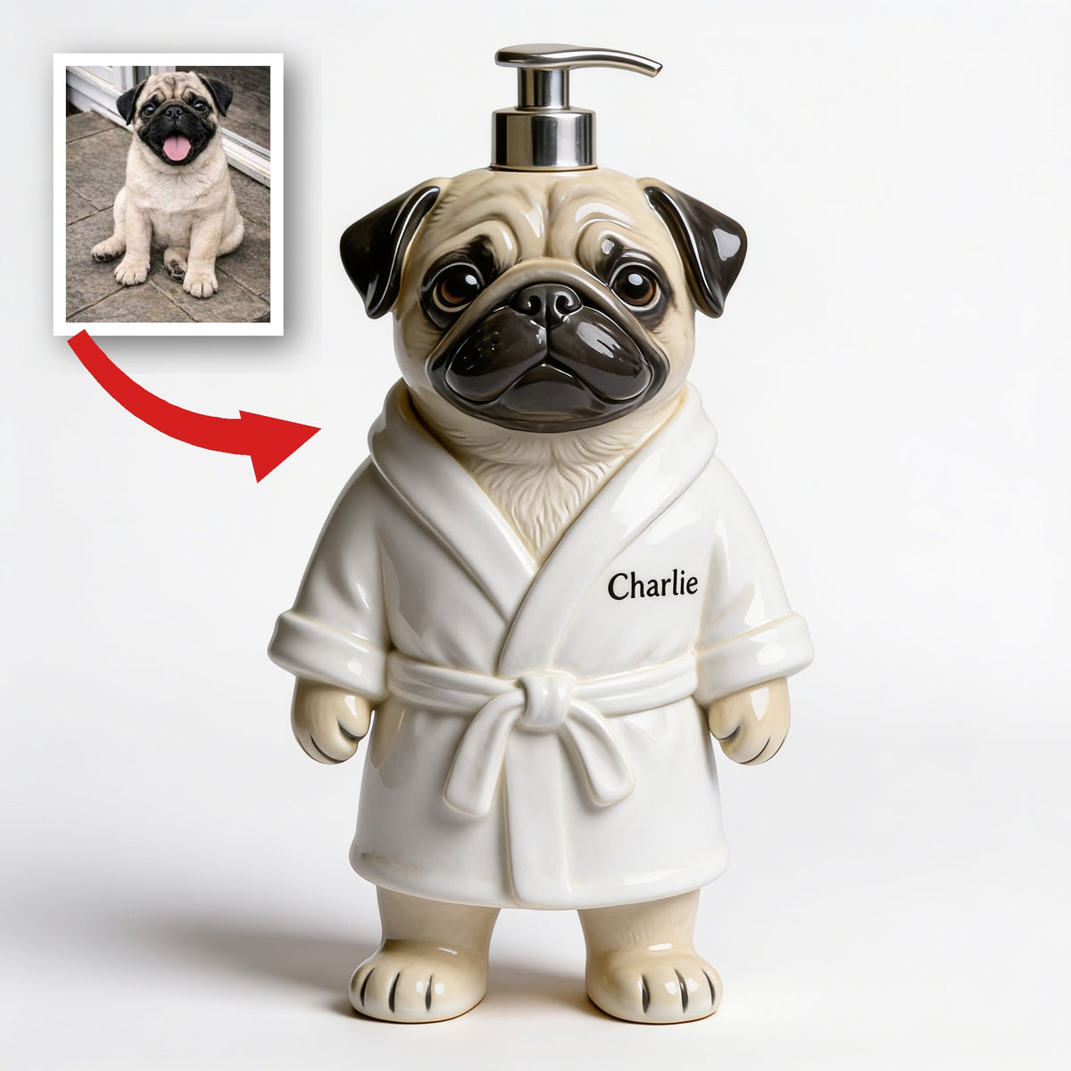 Personalized Wrinkled Pug Bathrobe Soap Dispenser Dog Lover Bathroom Gift