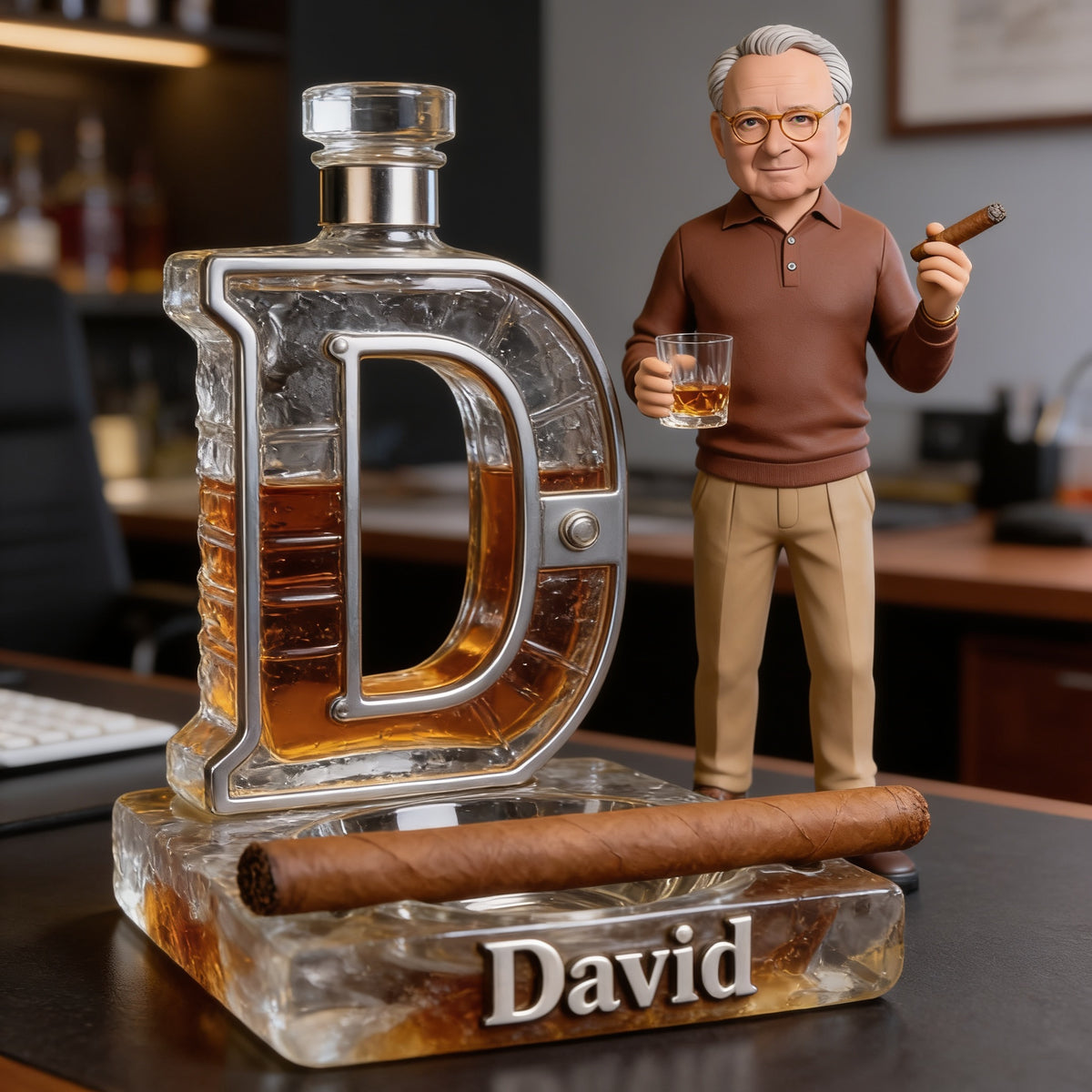 Custom Photo Older Man Whiskey Cigar Initial Letter Shaped Acrylic Plaque, Desk Gift For Men