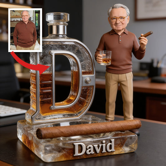 Custom Photo Older Man Whiskey Cigar Initial Letter Shaped Acrylic Plaque, Desk Gift For Men