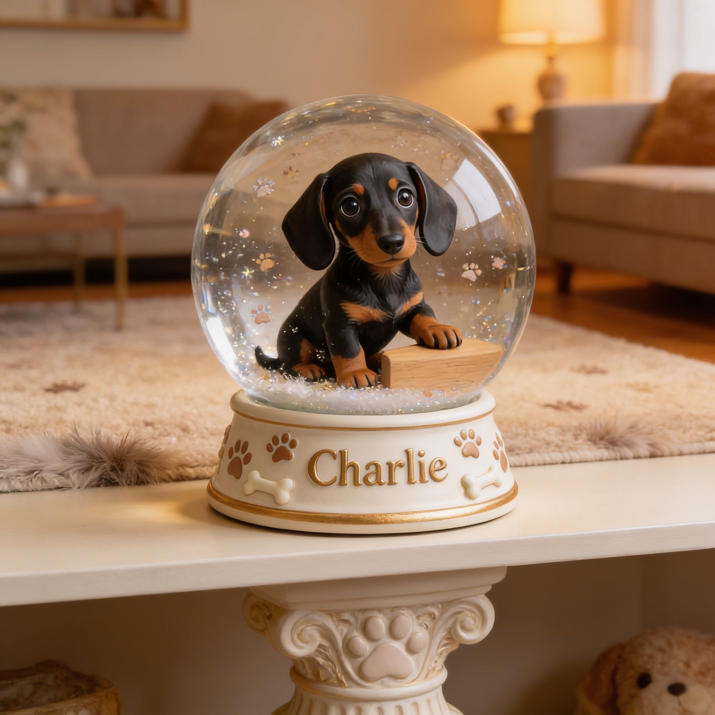 Personalized Short Legged Dachshund Puppy Snow Globe Table Decor Pet Lover Gift