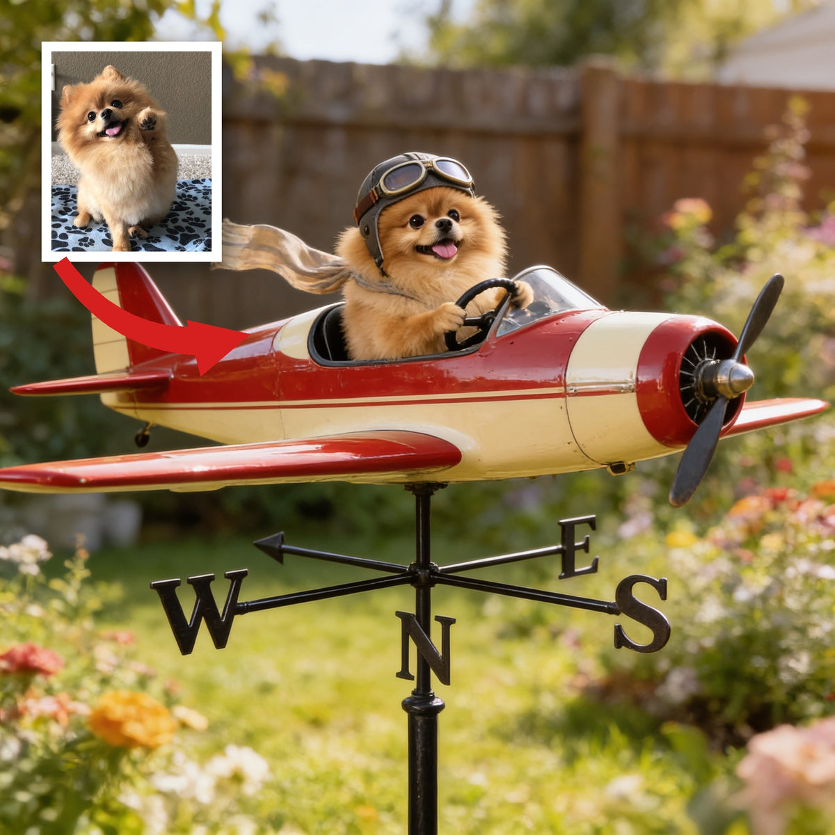 Custom Photo Fluffy Pomeranian Pilot Weather Vane Pet Lover Garden Decor