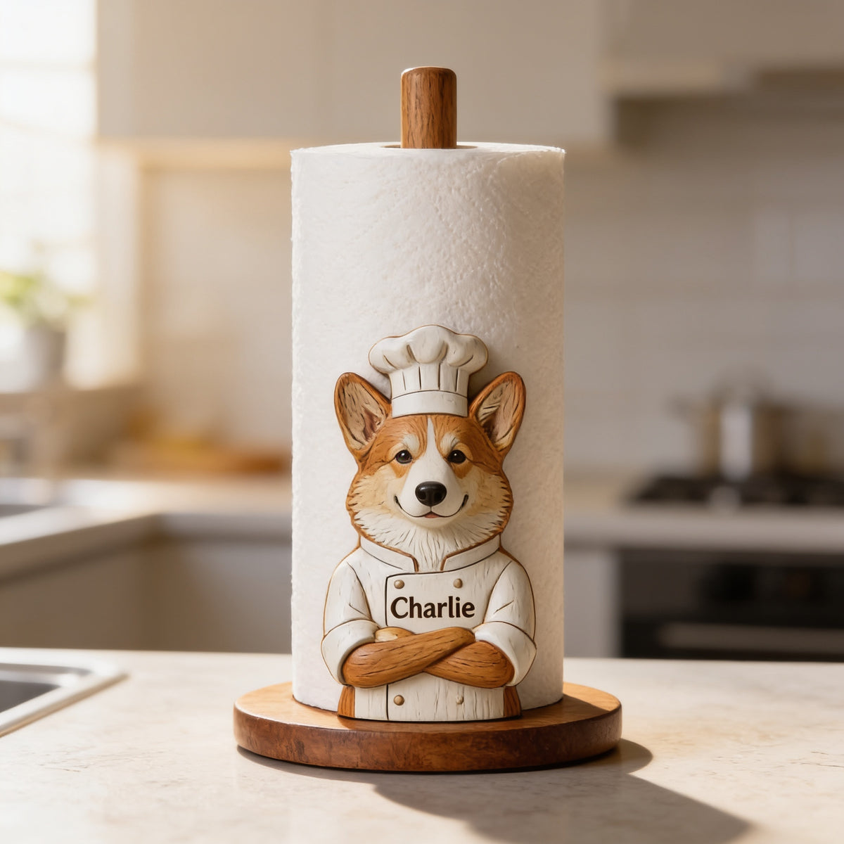 Personalized Welsh Corgi Chef Wooden Paper Towel Stand Kitchen Counter Decor Gift