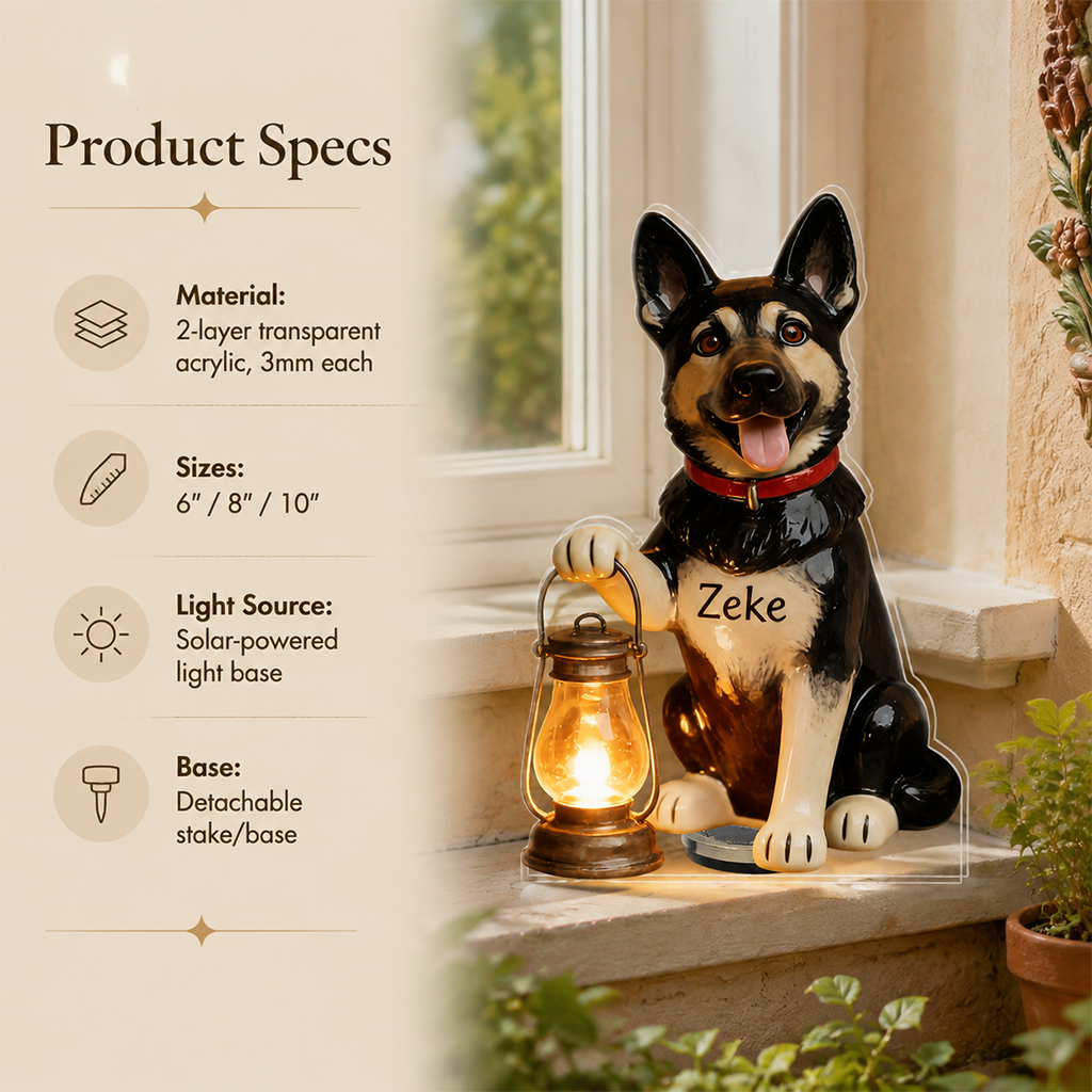 Personalized Sitting Fawn Pug Solar Acrylic Light Garden Decor Dog Lover Gift