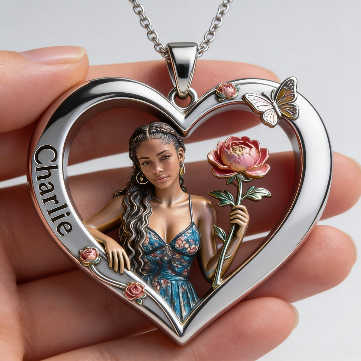 Personalized Birth Month Flower Latina Woman Heart Shaped Metal Pendant Necklace Self Love Jewelry Gift