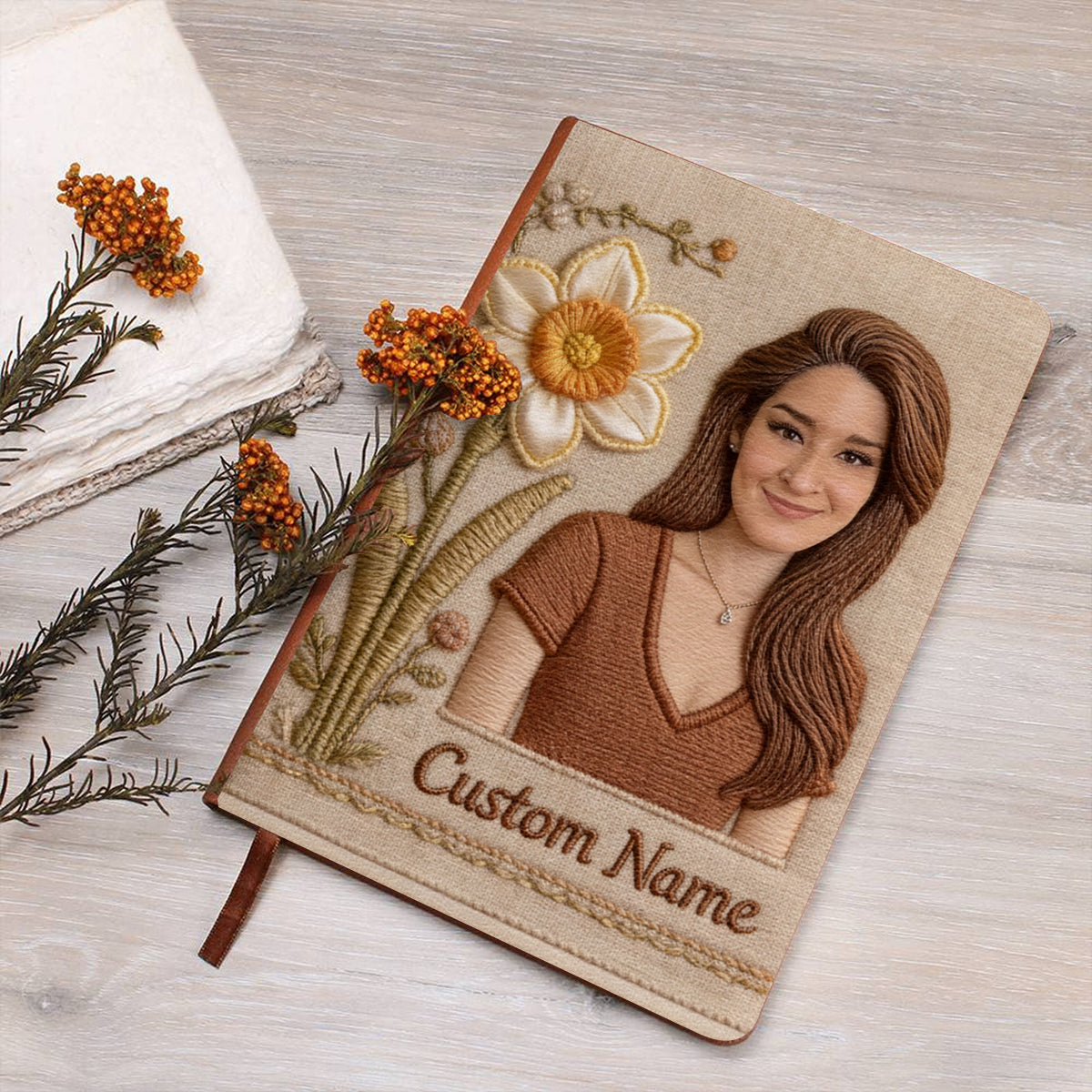 Personalized Birth Month Flower Young Black Woman Embroidered Leather Journal Custom Name Self Love Gift