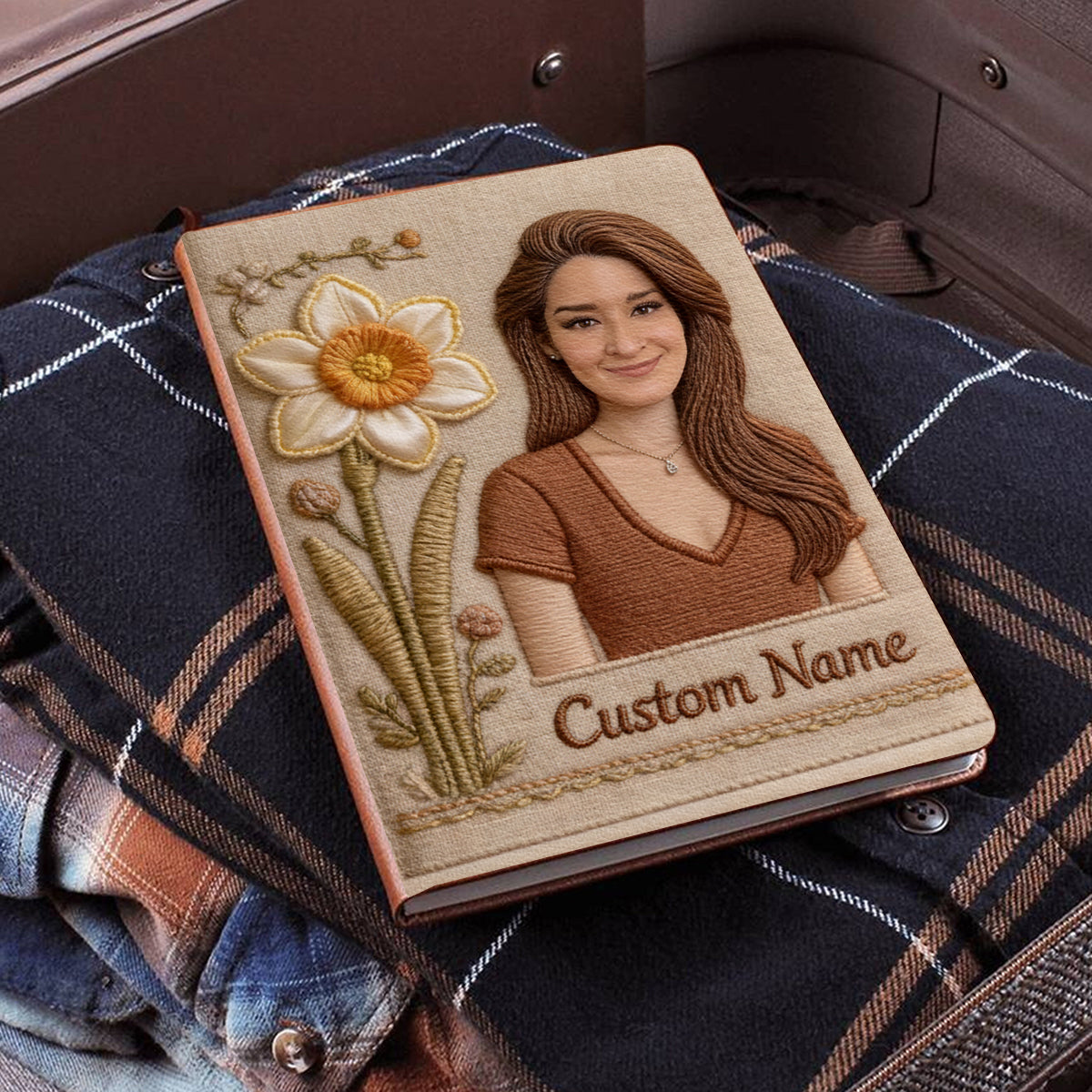 Personalized Birth Month Flower Young Black Woman Embroidered Leather Journal Custom Name Self Love Gift