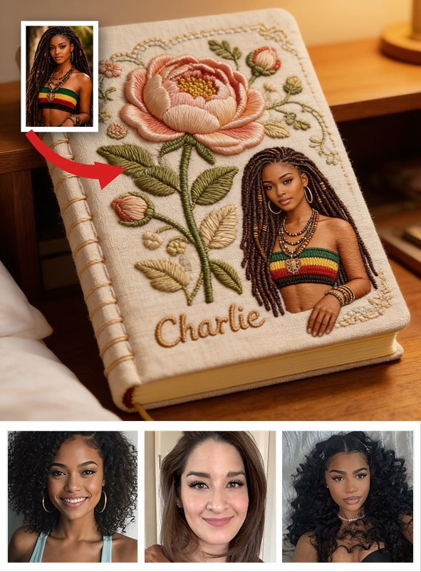 Personalized Birth Month Flower Young Black Woman Embroidered Leather Journal Custom Name Self Love Gift