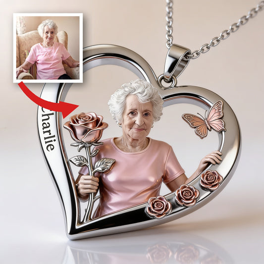 Personalized Elderly Grandmother Heart Shaped Pendant Necklace, Grandma Gift