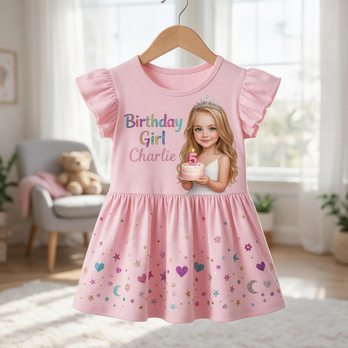 Personalized Birthday Little Girl Ruffle Sleeve Dress, Gift for Daughter Niece Granddaughter