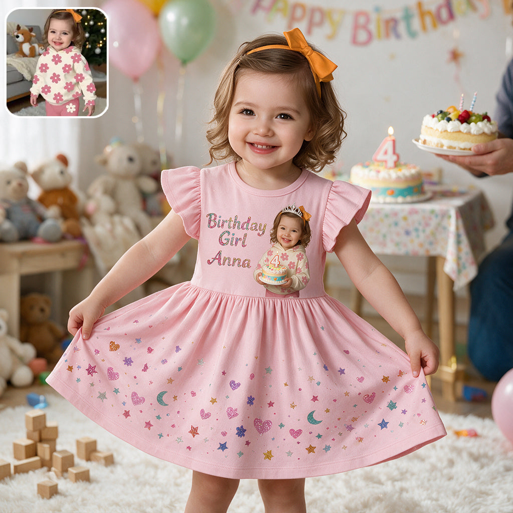 Personalized Birthday Little Girl Ruffle Sleeve Dress, Gift for Daughter Niece Granddaughter