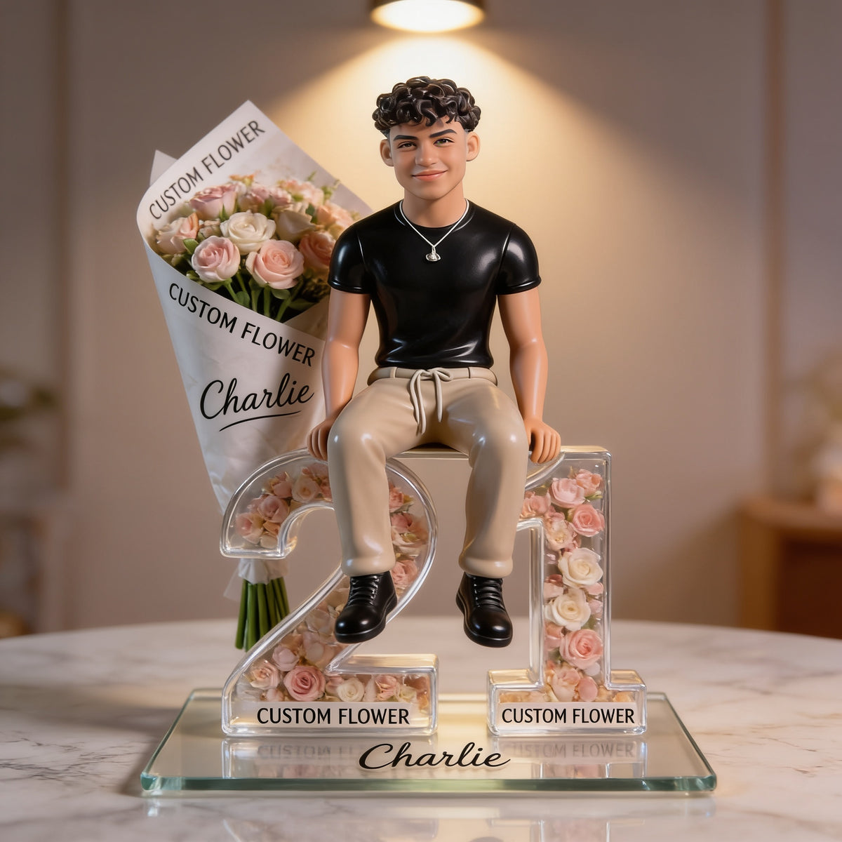 Personalized 21st Birthday Latino Man Flower Bouquet Acrylic Plaque Gift for Him