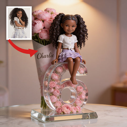 Personalized Birthday Black Little Girl Flower Bouquet Acrylic Plaque, Daughter Granddaughter Niece Gift