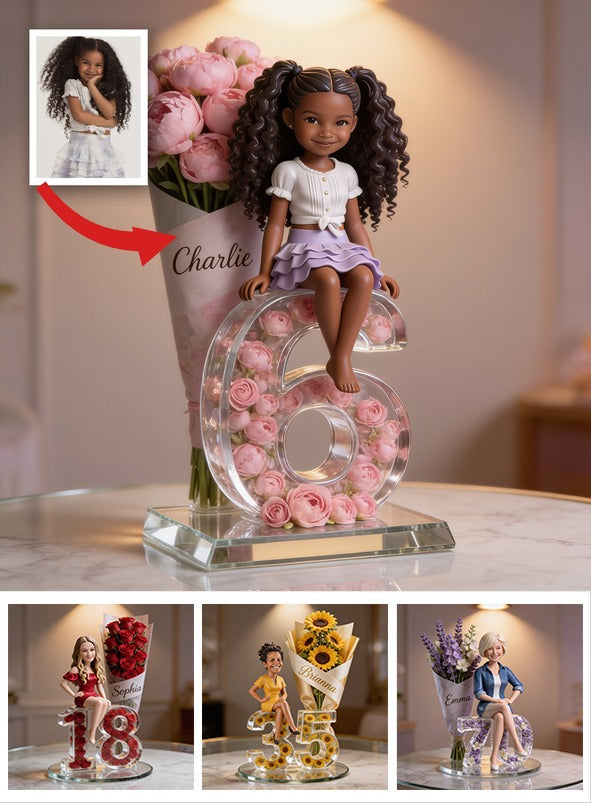 Personalized Birthday Black Little Girl Flower Bouquet Acrylic Plaque, Daughter Granddaughter Niece Gift