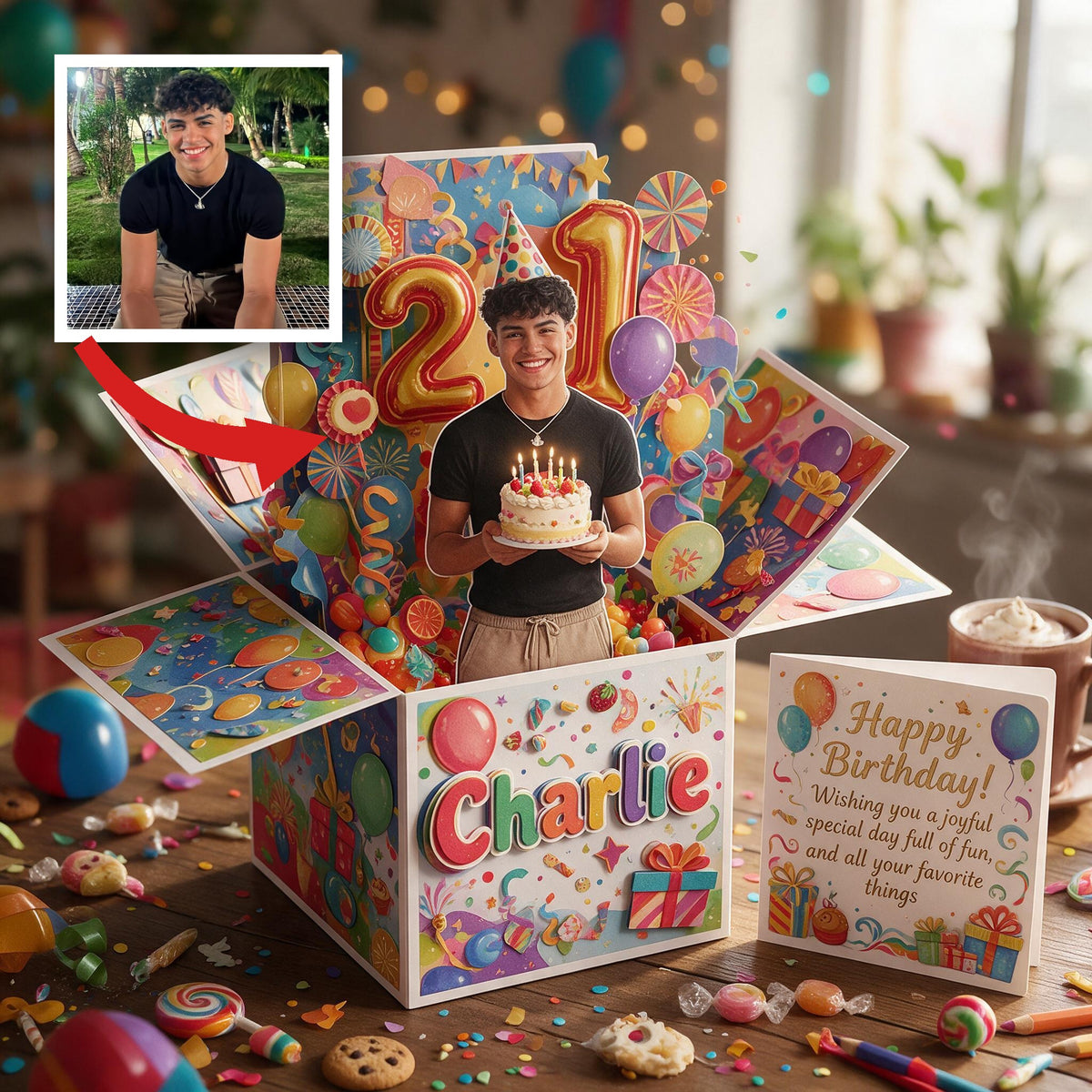 Personalized 21st Birthday Latino Man Pop Up Box Card, Gift for Son Boyfriend Husband