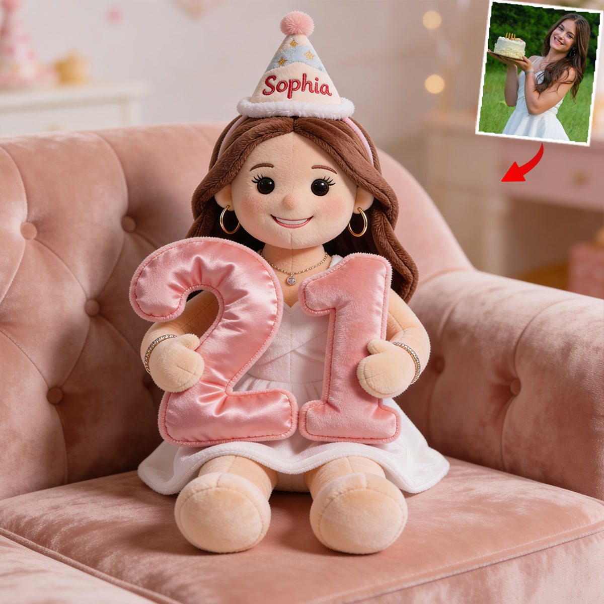 Personalized 21st Birthday Woman Plush Doll Faux Fur Pillow, Custom Birthday Gift for Her