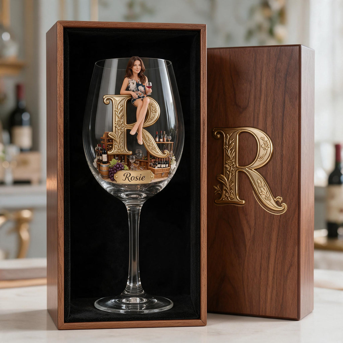 Personalized Older Woman Initial Wine Glass Set with Wooden Box Gift for Wine Lovers