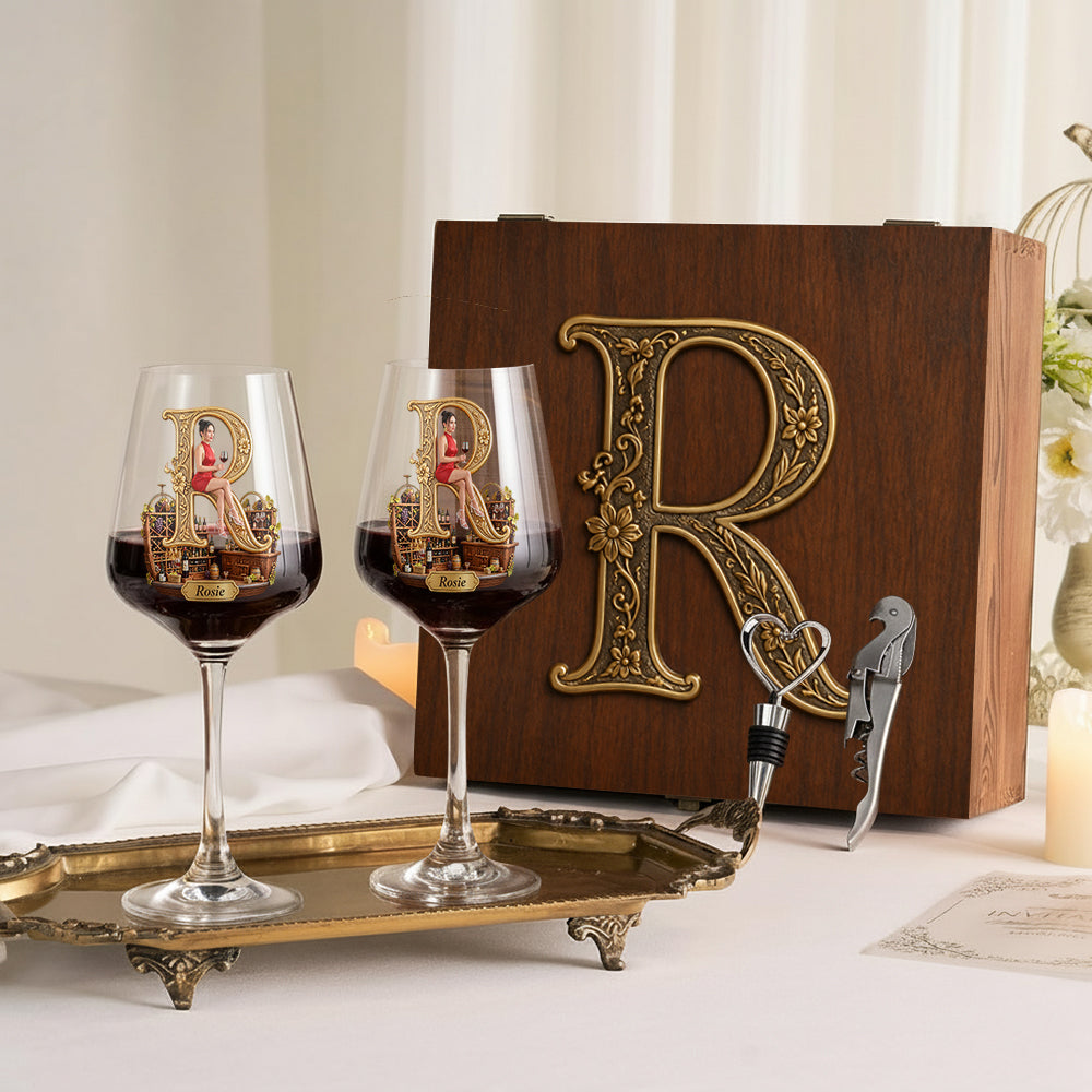 Personalized Black Woman Initial Wine Glass Set With Wooden Box, Wine Lover Gift