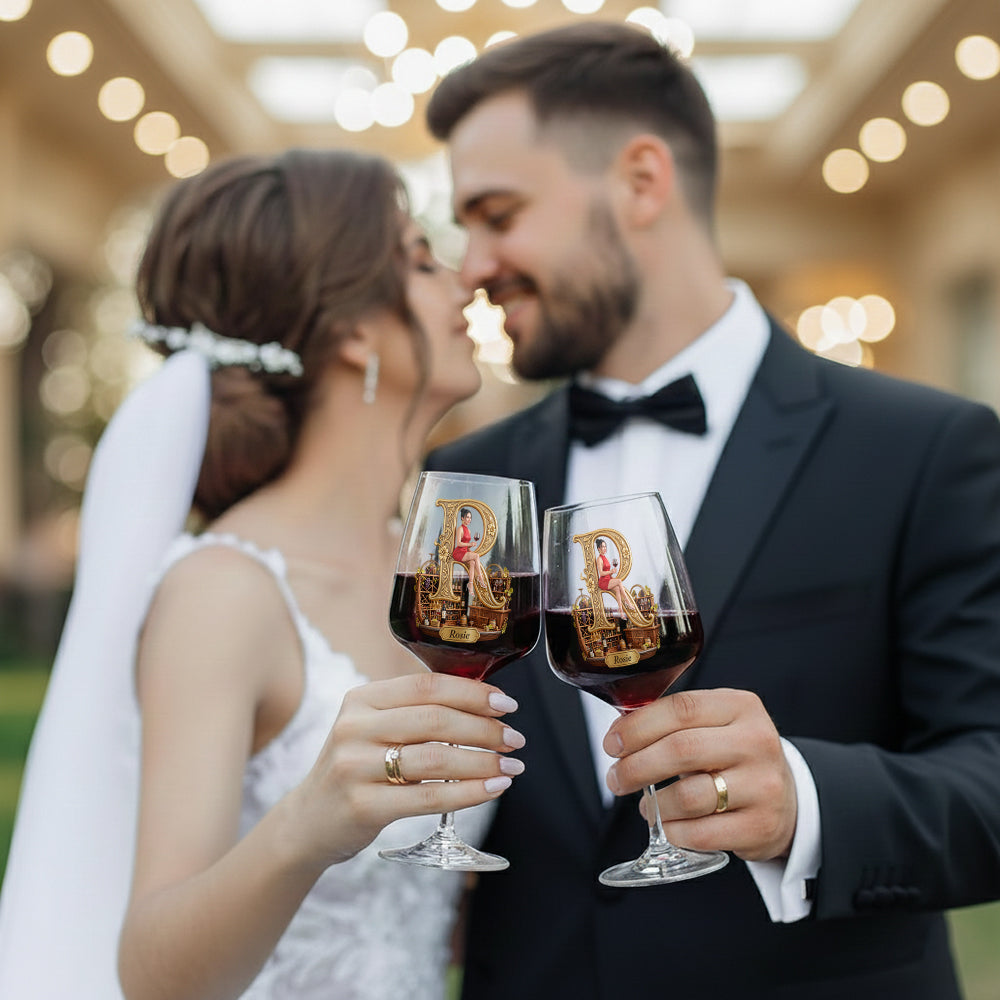 Personalized Woman Wine Glass Set with Wooden Box Gift