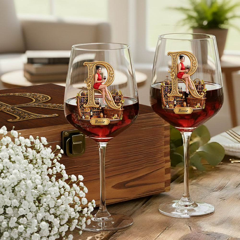 Personalized Black Woman Initial Wine Glass Set With Wooden Box, Wine Lover Gift