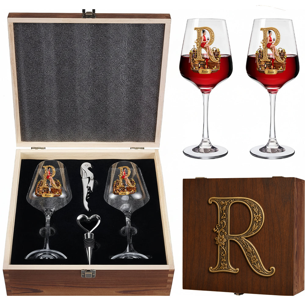 Personalized Woman Wine Glass Set with Wooden Box Gift