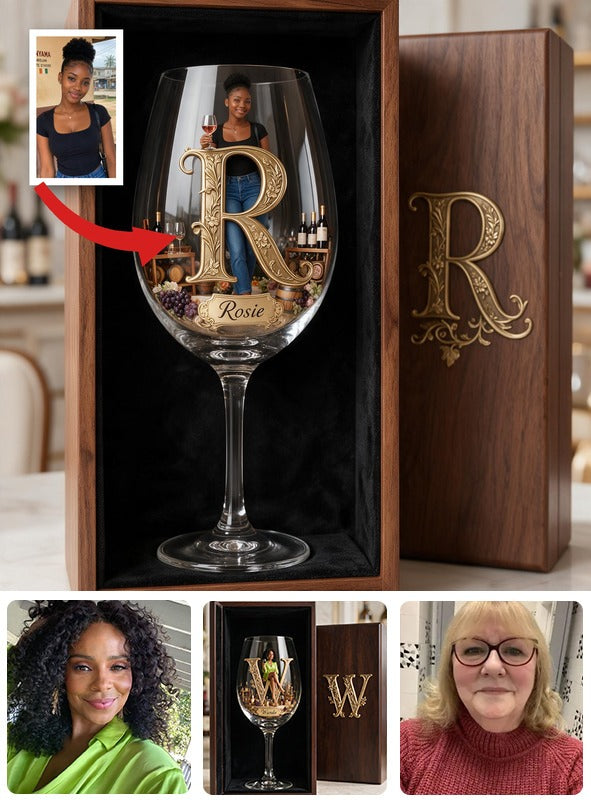Personalized Black Woman Initial Wine Glass Set With Wooden Box, Wine Lover Gift