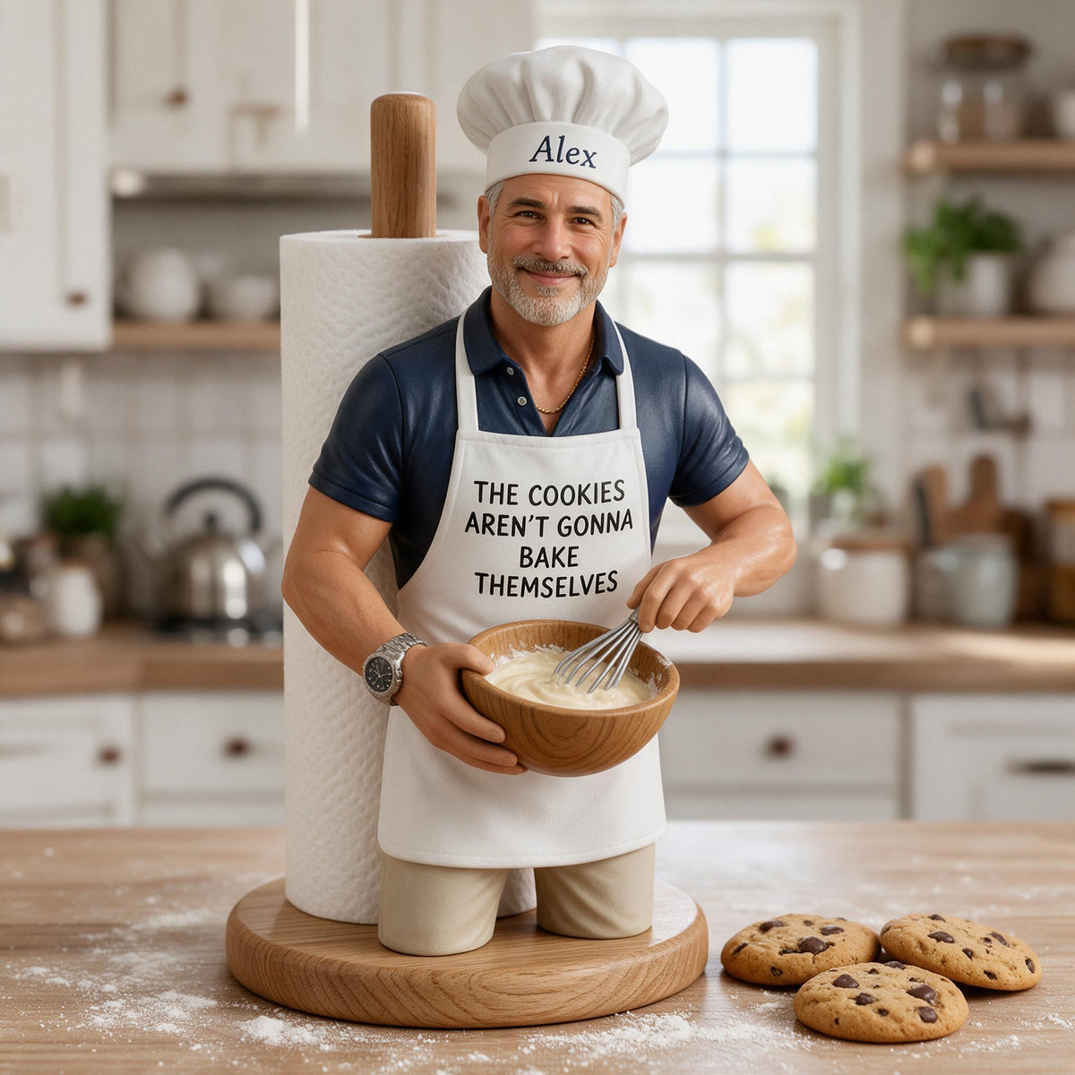 Custom Photo Older Baker Dad Paper Towel Stand, 50th Birthday Kitchen Gift