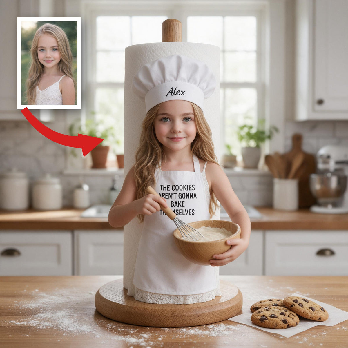 Custom Photo Little Girl Baker Paper Towel Stand, Kitchen Gift for Daughter Granddaughter