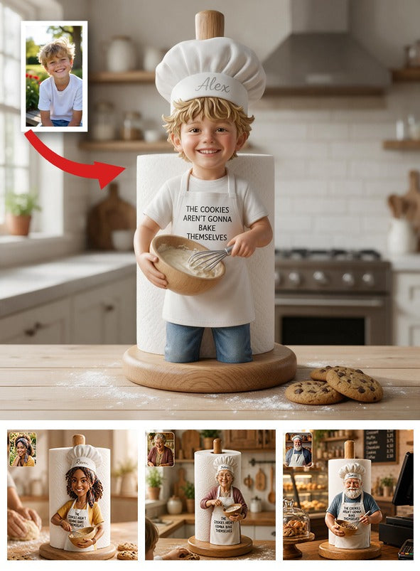 Custom Photo Little Boy Baker Wooden Paper Towel Stand Kitchen Decor Gift