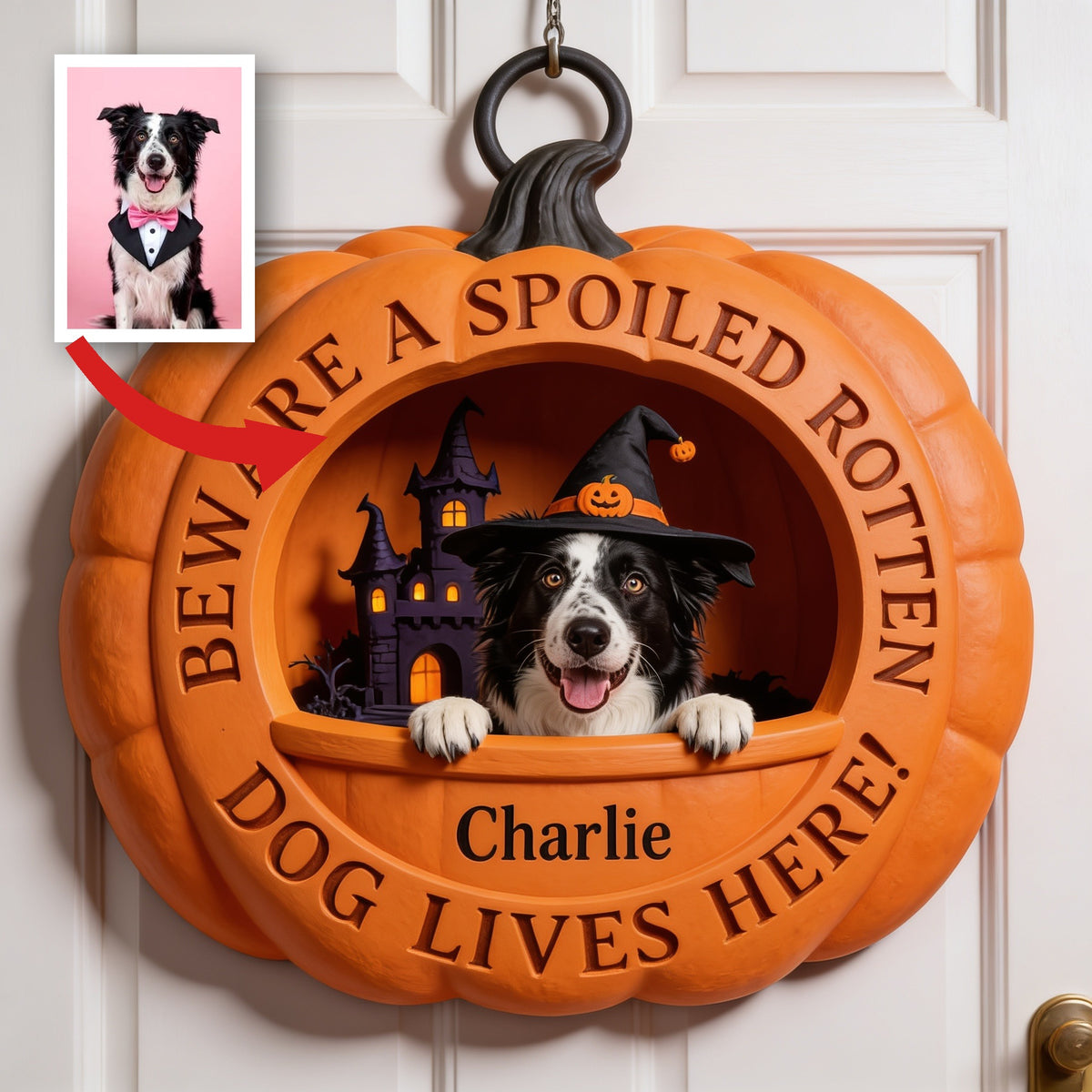 Personalized Halloween Black and White Border Collie Pumpkin Wood Sign Home Decor