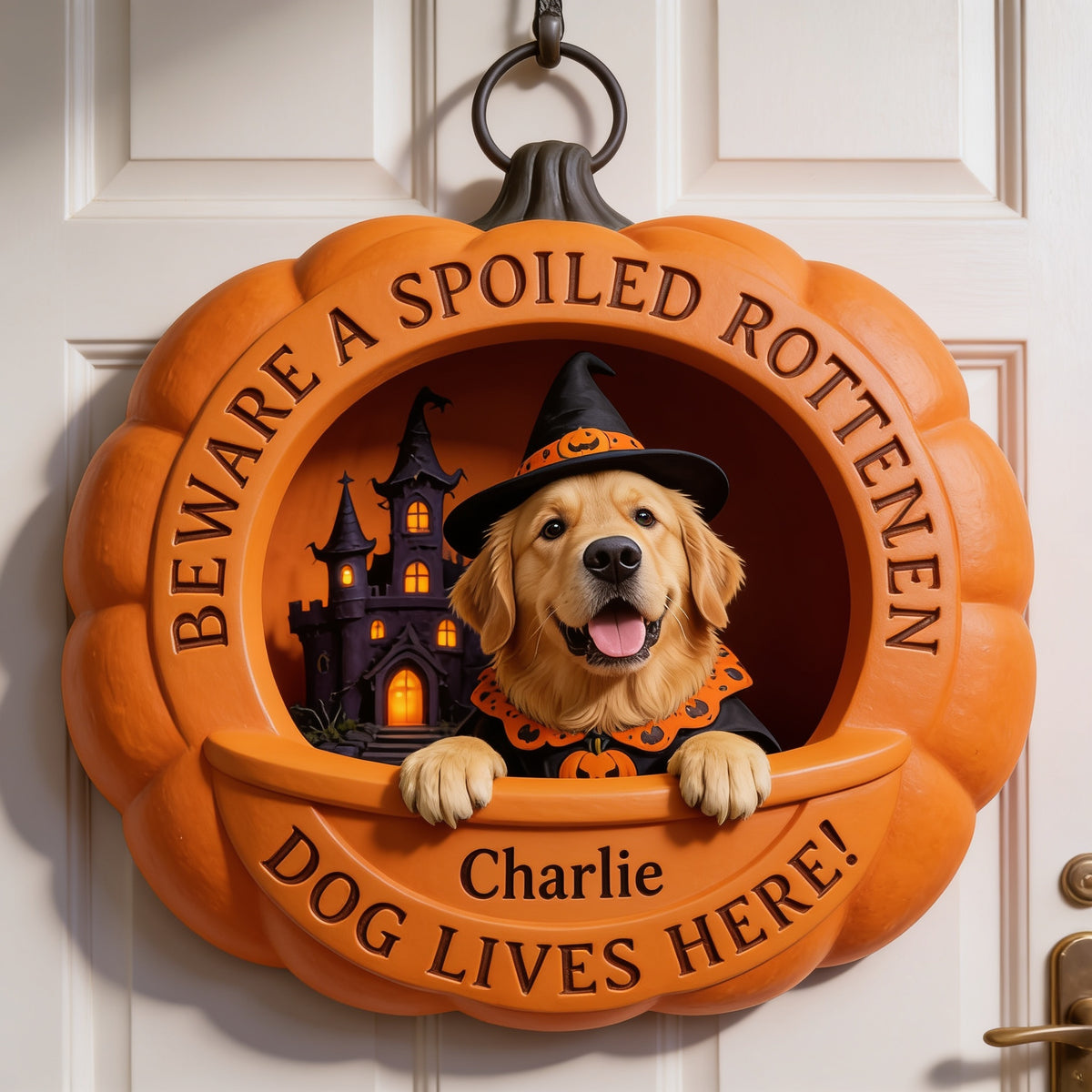 Personalized Halloween Adult Golden Retriever Pumpkin Shaped Wood Sign, Dog Lover Gift