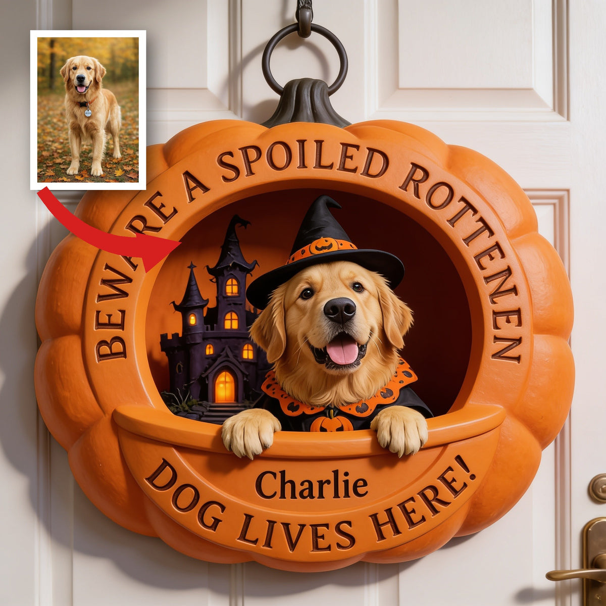 Personalized Halloween Adult Golden Retriever Pumpkin Shaped Wood Sign, Dog Lover Gift