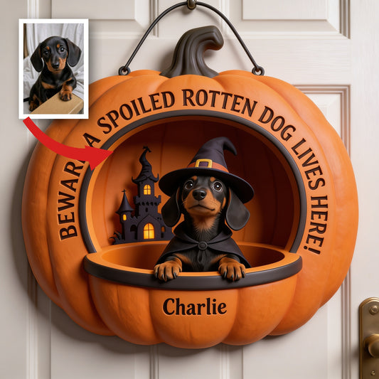 Personalized Halloween Black and Tan Dachshund Puppy Pumpkin Wood Sign Dog Lover Decor