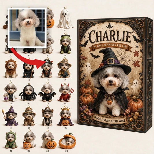 Personalized Halloween Curly Fur Poodle Advent Calendar with Spooky Mini Ornaments