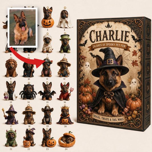 Personalized Halloween Black and Tan German Shepherd Advent Calendar with Ornaments