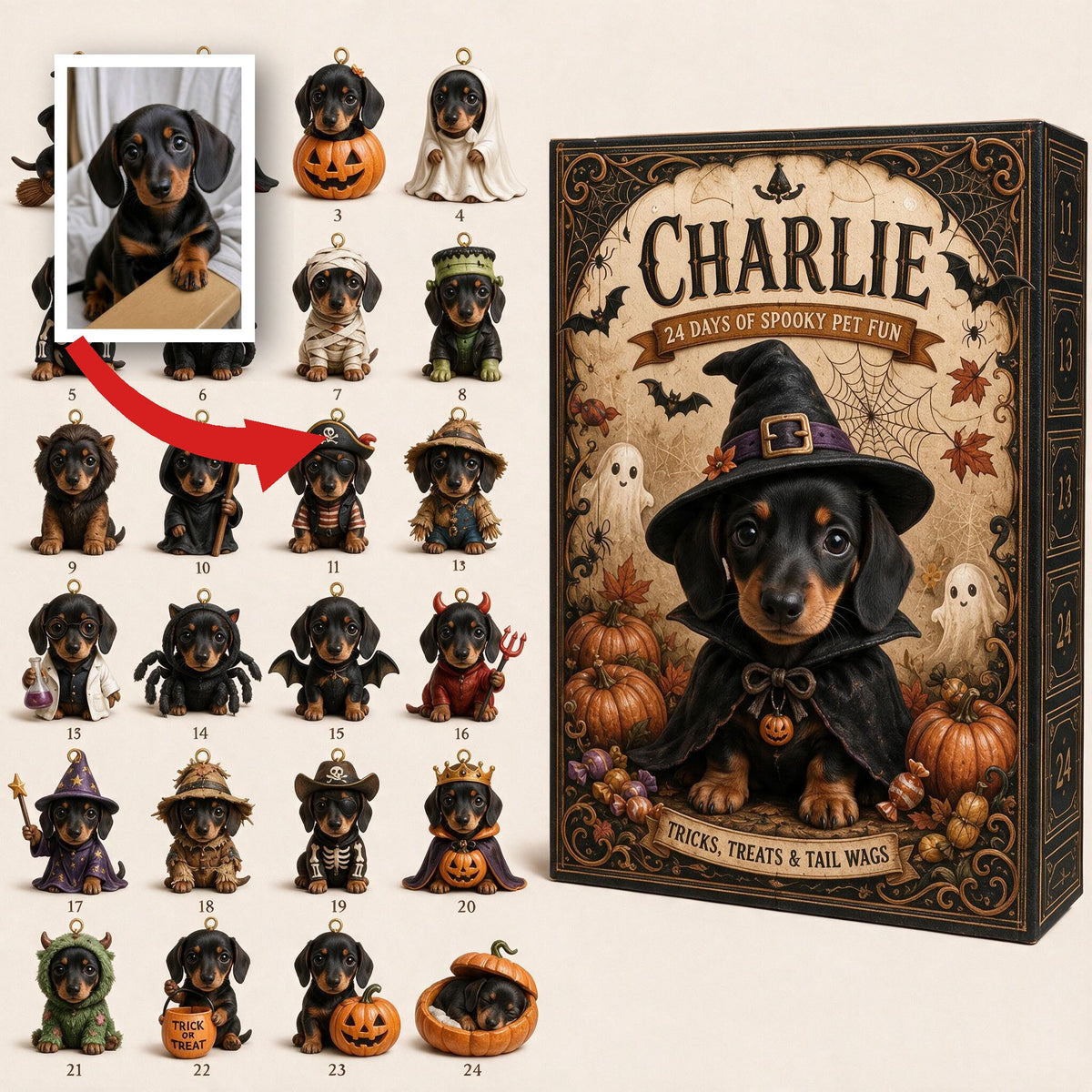 Personalized Halloween Black and Tan Dachshund Puppy Advent Calendar with Ornaments, Dog Lover Gift