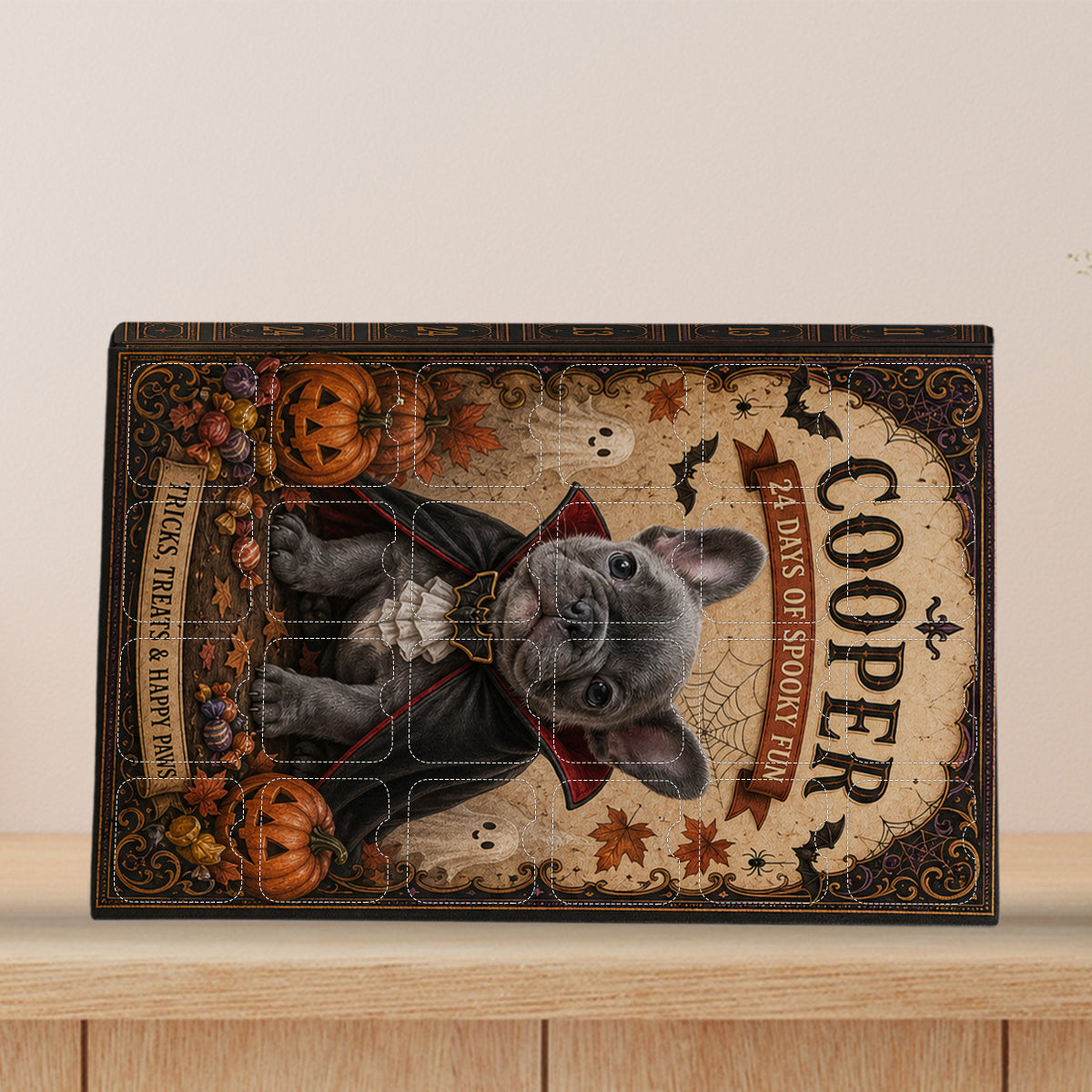 Personalized Halloween Fawn Pug Advent Calendar with Mini Ornaments, Dog Lover Gift