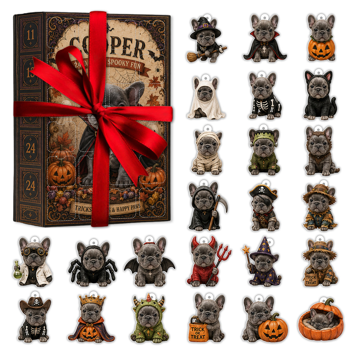Personalized Halloween Fawn Pug Advent Calendar with Mini Ornaments, Dog Lover Gift
