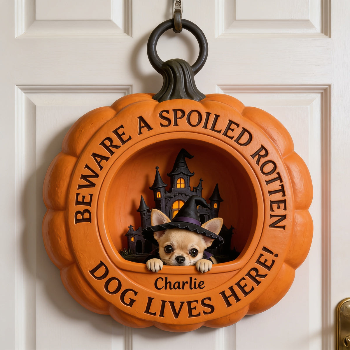 Personalized Halloween Small Fawn Chihuahua Pumpkin Shaped Wood Sign Door Decor