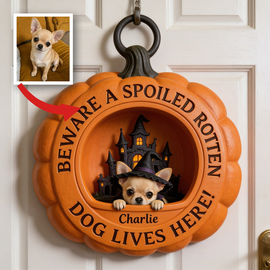 Personalized Halloween Small Fawn Chihuahua Pumpkin Shaped Wood Sign Door Decor