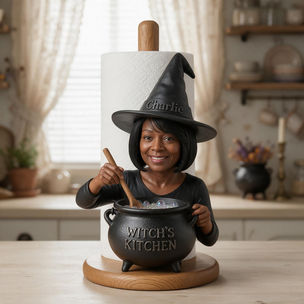 Personalized Older Black Witch Grandma Paper Towel Stand Kitchen Decor