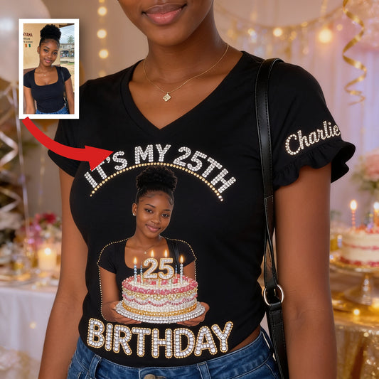 Personalized 25th Birthday Black Woman V-Neck T-Shirt Gift for Her