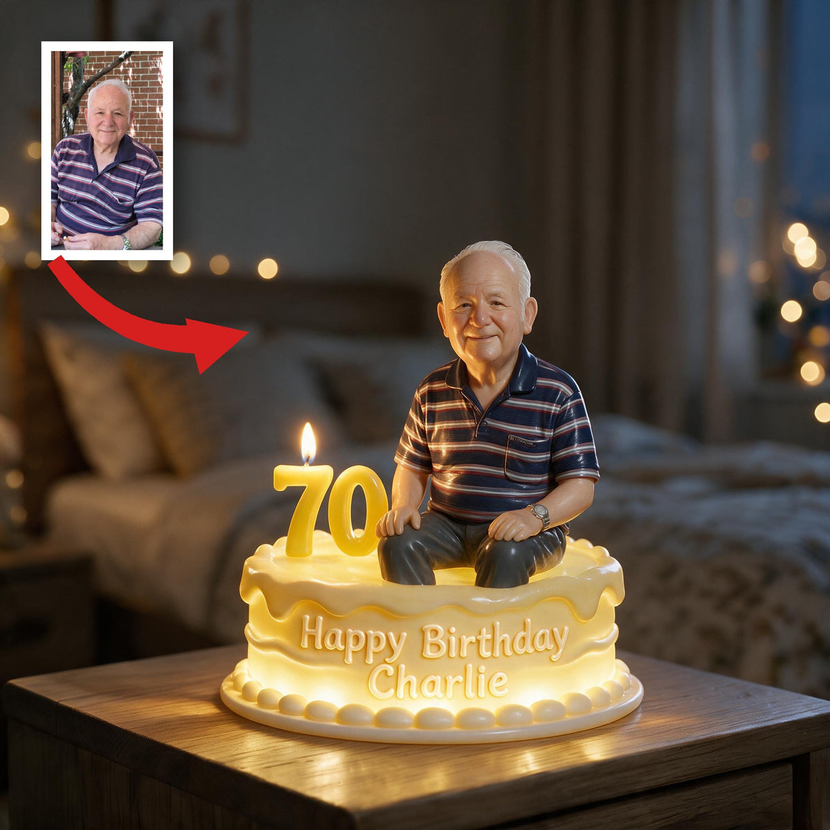 Personalized 70th Birthday Older Man Acrylic LED Night Light, Dad Grandpa Gift