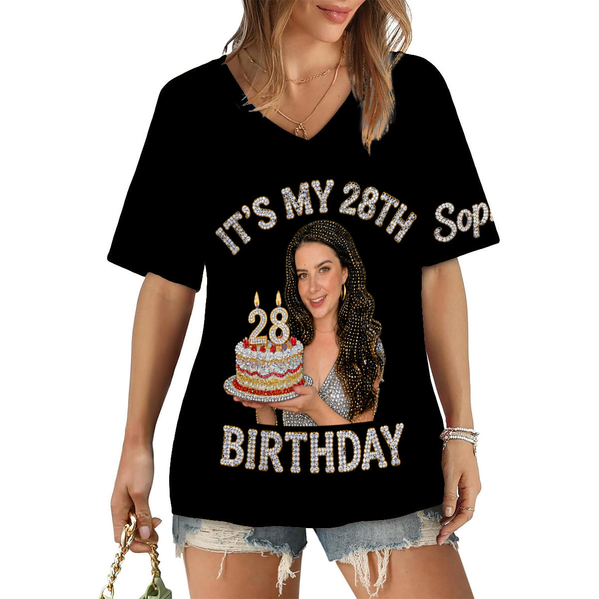 Personalized 25th Birthday Latina Woman V-Neck T-Shirt Birthday Gift